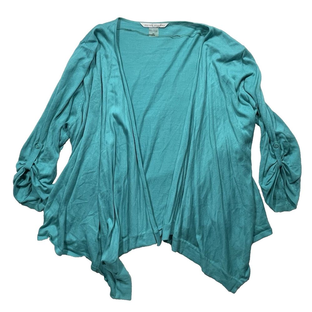 Peter Nygard Turquoise Open Cardigan Sweater Womens Size XL 3/4 Sleeve Solid